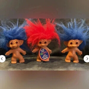 1991 - 3 GOOD LUCK WISHNIK UNEEDA Troll Dolls. 1 has original tag. 2 Blue. 1 Red